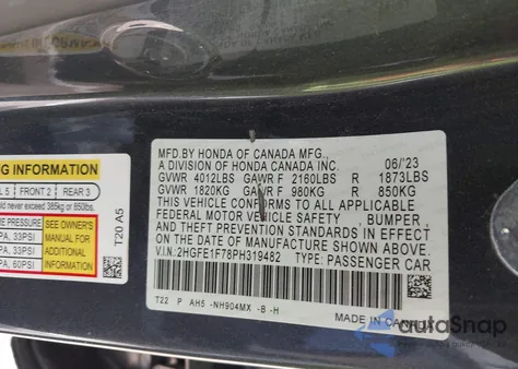 2023 Honda Civic Ex /Ex W/O Bsi z USA, uszkodzony, nr VIN 2HGFE1F78PH319482